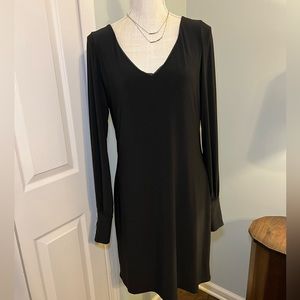 White House Black Market V-neck black long sleeve dress w/ three rhinestones